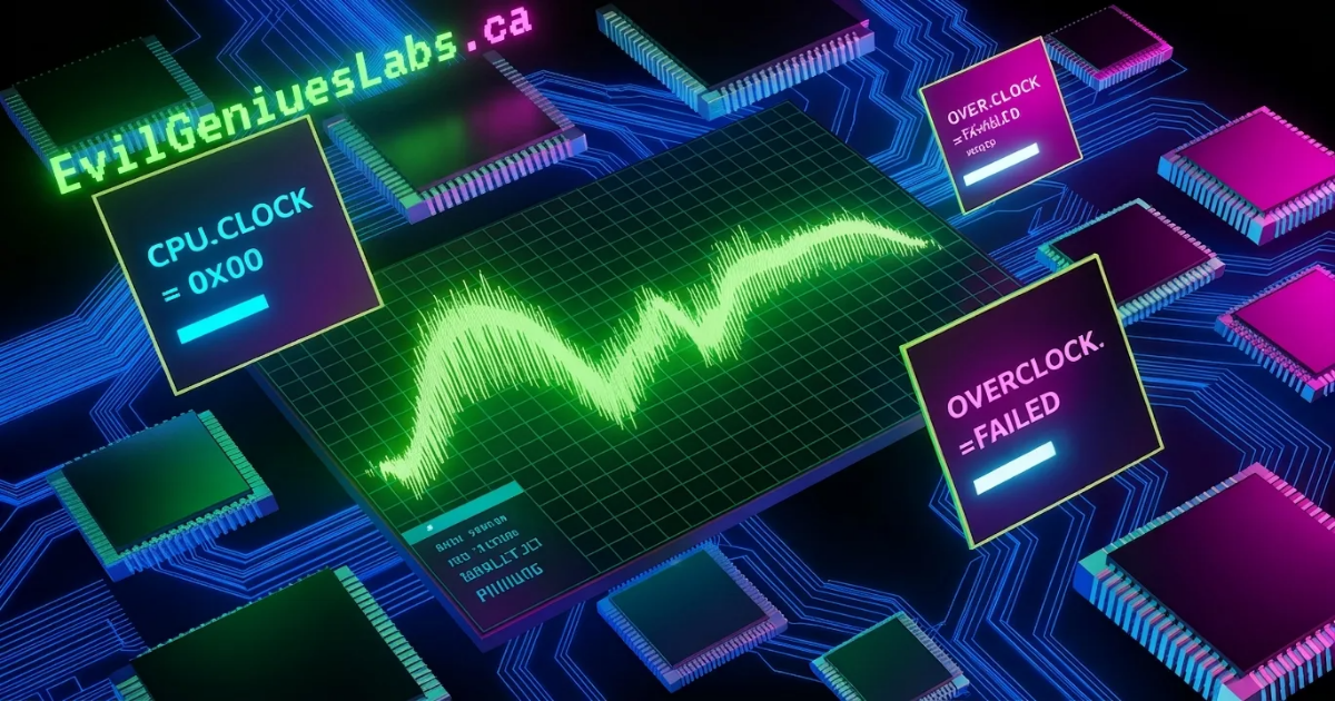 The end of free hardware, a flatlined clock-speed curve over a cyberpunk grid