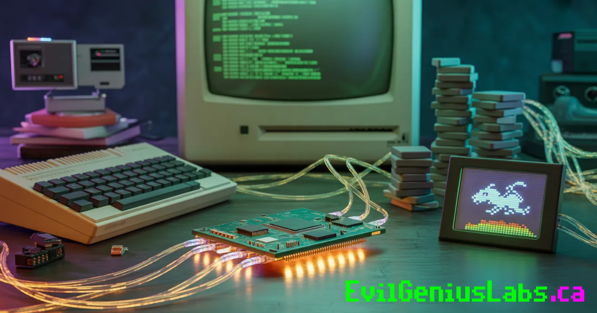 A vintage beige computer with a CRT monitor showing scrolling green code, linked by glowing neon-orange cables to a modern single-board computer that is rendering pixel-art on a small LCD display, in a cyberpunk workshop